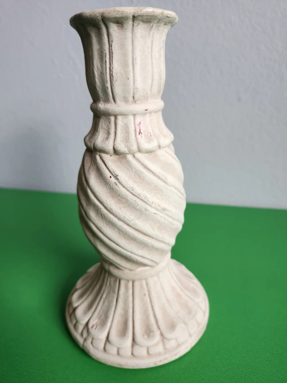 Vintage  Distressed Ceramic Spiral Twist Candlestick Holder Terracotta Brass